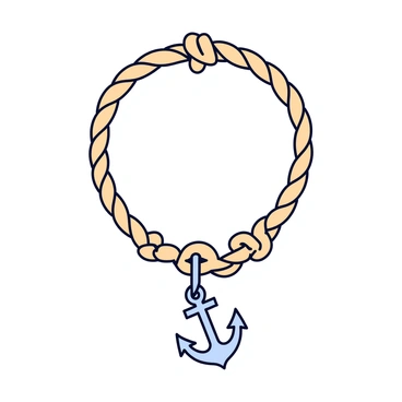 A bracelet made of twisted nautical rope, featuring a small anchor charm that hangs prominently. The rope has a textured appearance with a natural color, while the anchor charm is metallic and shiny, reflecting light. The ends of the rope are neatly finished, creating a seamless look.