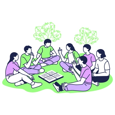 A circle of students is seated on the grass in a park, engaged in a discussion. Each student has a book open on their laps, showcasing visible pages filled with text. In the center of the group, there is a large, classic novel displayed prominently. The students are a diverse group, with varying hairstyles and clothing styles, including T-shirts and jeans. Some students are leaning in towards each other, while others are gesturing with their hands as they share their thoughts. Sunlight filters through the trees above, casting dappled shadows on the ground around them.