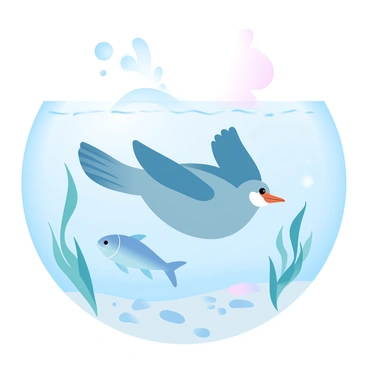 A cormorant diving underwater to catch a fish in a clear lake