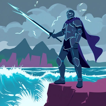 A knight in glossy black armor stands firmly on a rugged cliff edge, overlooking a tumultuous ocean below. The armor is intricately detailed, reflecting dark patterns that catch the faint light breaking through the stormy clouds above. The knight grips a massive sword, its blade gleaming sharply, ready for battle. The sky is filled with dark, swirling gray clouds, with flashes of lightning illuminating the scene. The wind whips through the knight's cape, flapping it dramatically behind him, while waves crash violently against the rocks, sending sprays of water into the air. In the distance, jagged mountains loom ominously under the stormy horizon.