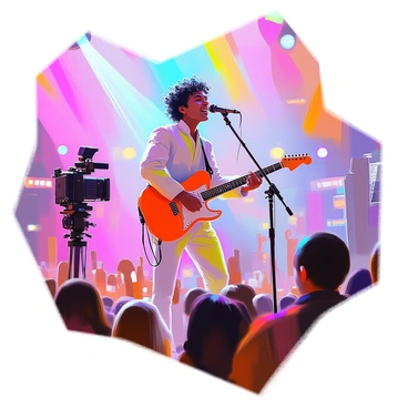 A musician with medium skin and curly hair is performing on stage during a televised competition. They are wearing a stylish outfit that includes a fitted jacket and slim trousers, reflecting their vibrant personality. The musician is playing an electric guitar, and their expression shows deep concentration and passion for the music. Colorful stage lights are illuminating the scene, casting bright hues across the stage. Surrounding them are camera crews and a captivated audience, creating an energetic atmosphere filled with excitement.