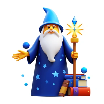 A wise wizard with a long, flowing beard wearing a "mysterious, starry mantle." The mantle features intricate patterns of "shimmering stars and cosmic designs" across a deep blue background. The wizard holds a "glowing staff" topped with a "brilliant crystal," and his expression is one of knowledge and contemplation. He stands in a "storybook setting," surrounded by "ancient tomes" and "floating orbs of light."