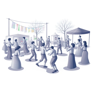 A scene illustrating "Candide" amidst a small village festival. The character is positioned in the center, engaging with the locals who are dancing joyfully. Surrounding Candide, groups of villagers are dressed in traditional attire, moving energetically to the music. Some villagers are playing musical instruments such as drums and flutes, while others are clapping their hands in rhythm. Colorful decorations hang from nearby trees, adding to the festive atmosphere. Small stalls displaying local crafts and foods can be seen in the background, contributing to the lively village setting.