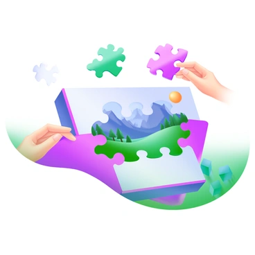 A modern pastel illustration of a jigsaw puzzle nearing completion. The central image, which is vibrant and detailed, shows a scenic landscape with mountains and trees. Puzzle pieces radiate outward from the center, with some pieces being held by a pair of hands reaching in to fit them together. The surrounding pieces are in various colors and patterns, some lying flat while others are slightly tilted, adding depth to the scene.