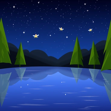 A lake with a smooth surface that mirrors the night sky filled with sparkling stars. Small, glowing fairies with delicate wings are gliding gracefully above the water. The fairies emit a soft light, enhancing the enchanting atmosphere of the scene. Surrounding the lake are lush green trees, their silhouettes dark against the starry backdrop.