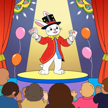 A rabbit girl with long ears and a fluffy tail is standing on a small stage at a colorful carnival. She is wearing a vibrant, sparkly magician's outfit with a top hat adorned with stars. Her fur is a soft shade of white, and she has large, expressive eyes. In her hands, she is holding a deck of playing cards, which she is dramatically fanning out. The stage is decorated with bright balloons and colorful banners, and the audience in front is filled with excited children clapping and cheering. Bright lights shine down from above, illuminating her performance and creating a lively atmosphere.