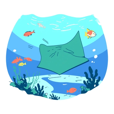 A teal stingray glides gracefully through clear blue water, its wings gently undulating as it moves. Surrounding the stingray are vibrant, colorful fish of various species, swimming energetically around in a lively display. Some fish are bright orange while others are a vivid yellow, creating a dynamic contrast in the scene. Below, lush sea plants sway softly with the currents, adding depth and texture to the underwater landscape. The sunlight filters through the water, creating shimmering patterns that dance across the sandy ocean floor.