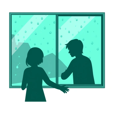 A teal window is covered in glistening rain droplets, trickling down in various patterns. On the other side of the window, a dark silhouette of a person stands, facing outward. The person has their hands placed against the glass, with a slight bow of the head, emphasizing a sense of longing. The background is softly blurred, adding to the focus on the silhouette and the raindrops on the window.
