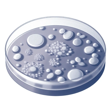 A close-up view of a petri dish containing colonies of bacteria. The dish displays a variety of intricate growth patterns that resemble swirling shapes and clusters. The bacteria are organized in distinct sections, some forming circular spots, while others create linear formations. The surface of the agar medium shows a glossy texture, with areas where the bacteria have spread and generated different textures and elevations.
