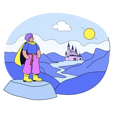 A hero standing confidently on a rocky mountain ridge. The hero is wearing a simple, yet sturdy outfit, complete with a cloak that billows slightly in the wind. The hero gazes out over a vast landscape filled with rolling hills and a distant kingdom nestled in the valley below. The kingdom features tall, castle-like structures and a winding river. The sky above is clear with a few fluffy clouds drifting by. The sun is beginning to set, casting a warm golden light across the scene.