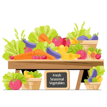 A farmer's market stall with a rustic wooden table overflowing with a variety of fresh vegetables. The stall features vibrant green lettuce, bright red tomatoes, and deep orange carrots, all arranged artistically. Beside them, bunches of purple eggplants and yellow bell peppers add to the colorful display. There are also baskets filled with small radishes and fresh herbs like basil and parsley. A chalkboard sign in front of the stall reads "Fresh Seasonal Vegetables" in bright, cheerful letters. The background shows a sunny day with greenery surrounding the market area.
