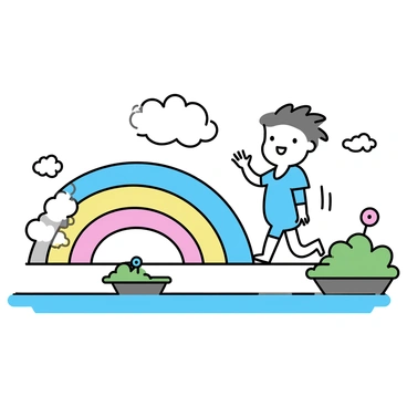 A baby, wearing a light blue onesie, is taking small steps on a vibrant rainbow bridge. The bridge arches gracefully between two floating islands. The islands are covered with lush green grass and dotted with colorful flowers. Fluffy white clouds surround the scene, creating a serene atmosphere in the sky. The baby looks curious, reaching out towards the bright colors of the rainbow as sunlight casts gentle shadows on the bridge.