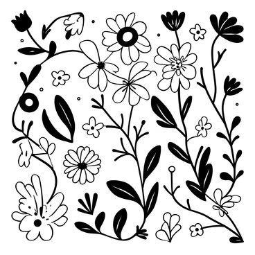A detailed floral pattern featuring a variety of flower types, such as roses, daisies, and tulips, intertwined with delicate leaves and vines. The flowers display intricate petal structures and unique shapes, creating a dynamic composition. The arrangement flows organically across the space, showcasing the diversity of the blooms and their textures, while the background remains unadorned, allowing the floral elements to stand out prominently.