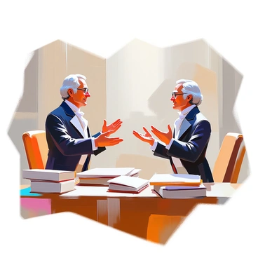 Two animated characters representing "Marbury" and "Madison" are depicted in a dynamic discussion. "Marbury" is illustrated as a tall figure with a scholarly appearance, wearing a period-appropriate suit and glasses, gesturing with his hands to emphasize his points. "Madison" is portrayed as a shorter figure, with curly hair and a confident stance, dressed in a similar historical outfit. They are surrounded by stacks of documents and books, symbolizing their legal debate, as they stand in front of a historic-looking backdrop, suggesting a courtroom or legislative chamber. Their expressions convey determination and engagement as they passionately exchange ideas.