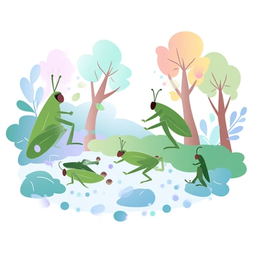 A group of grasshoppers is gathering leaves and small twigs in a temperate forest. The grasshoppers are in various shades of green and brown, blending with the surrounding foliage. Some grasshoppers are perched on large, vivid green leaves while others are hopping across the forest floor, which is covered in a mix of fallen leaves and soft moss. In the background, tall trees with vibrant autumn foliage provide a colorful canopy above, with hints of orange and yellow among the green. The ground is scattered with acorns and small rocks, creating a natural habitat for the grasshoppers as they prepare for winter.