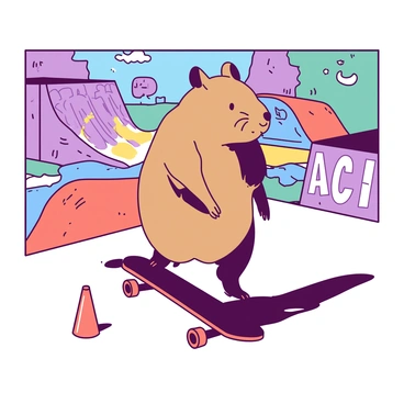 A brown wombat is standing on a skateboard at a vibrant skate park. The wombat is balancing on the skateboard with its front paws lifted slightly off the board, while its back legs remain firmly planted. Around the wombat, there are colorful ramps and graffiti art on the concrete walls of the skate park. A pair of small orange cones is set up nearby, marking the area where the wombat is practicing its trick. Bright sunlight casts shadows on the ground, highlighting the textured surface of the skateboard.