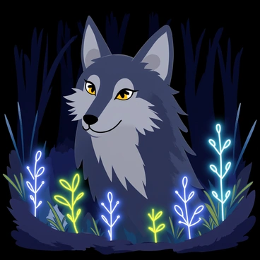 A wolf head with sharp features and piercing eyes is positioned prominently in the foreground. The wolf's fur is a blend of dark gray and hints of silver, reflecting a soft glow. Bioluminescent plants surround the wolf's head, emitting bright shades of blue and green light. The dark forest background is dense with shadowy trees and underbrush, accentuating the glowing plants and the wolf's expression. The scene captures a mystical and enchanting atmosphere, drawing attention to the interaction between the wolf and its illuminated surroundings.