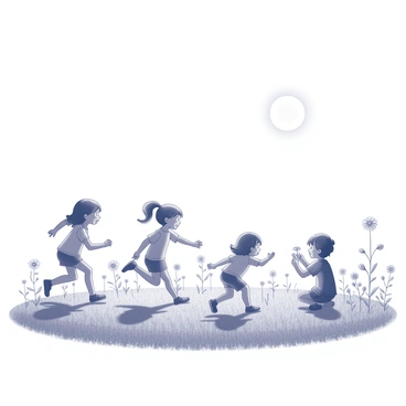 A field filled with various types of flowers swaying gently in the breeze. In the foreground, several children are engaged in play; two children are running with laughter, their arms outstretched as they chase each other. One child is crouching down, examining a flower closely, while another child is sitting in the grass, surrounded by blossoms, with a look of wonder on their face. The sun is shining brightly overhead, casting shadows on the ground and creating a vibrant atmosphere of joy and innocence.