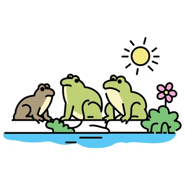 A family of bullfrogs is gathered together on a sunny riverbank. The bullfrogs are various shades of green and brown. They are perched on smooth stones and patches of lush green grass near the water's edge. The sun is shining brightly, casting light on their shiny skin. In the background, gentle ripples can be seen in the water as the river flows. The scene captures the natural habitat of the bullfrogs, with a few vibrant flowers blooming nearby.
