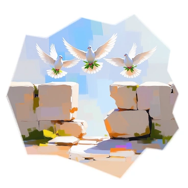 A large stone wall stands prominently in the image, showing signs of being cracked and broken. Several white doves are flying above the wall, each carrying a vibrant green olive branch in their beaks. The doves are gracefully arranged in a formation that suggests movement towards the open space beyond the wall. The wall appears weathered, with moss and vines creeping along its surface, while the background includes a bright sky, signifying hope and new beginnings.