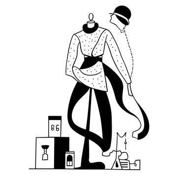 A unique clothing garment displayed on a mannequin, structured in an unconventional silhouette. The design features asymmetrical lines and geometric shapes, with layers that drape and fold in unexpected ways. The fabric appears textured, adding depth to the design. Surrounding the mannequin are various fashion accessories that complement the avant-garde theme, such as an oversized hat and bold statement jewelry. The background is minimal, emphasizing the striking design of the fashion piece.