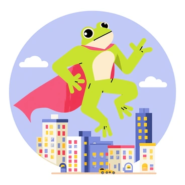 A vibrant green superhero frog with a muscular physique is soaring through the sky above a bustling city. The frog wears a bright red cape that flows dramatically behind it, catching the wind as it flies. Below, the cityscape features tall buildings with colorful windows and busy streets filled with tiny cars. The sky is a clear blue, dotted with a few fluffy white clouds. The superhero frog has a determined expression, ready to protect the city from any danger.