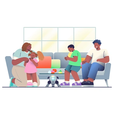 A family consisting of four members is playing with a robotic pet dog in a bright, modern living room. The mother has short brown hair and is wearing a light blue blouse and beige pants, kneeling next to the dog. The father, with curly black hair, is sitting on a stylish grey sofa, wearing a white t-shirt and jeans, smiling at the children. A young girl with pigtails is standing excitedly next to the robotic dog, wearing a pink dress and purple sneakers. A boy, wearing a green t-shirt and shorts, is gently patting the robotic dog, which has shiny features and bright LED eyes. Sunlight is streaming in through large windows, illuminating the space filled with contemporary furniture and colorful decorative pillows. A sleek coffee table is in front of the sofa, with a few toys scattered around it.