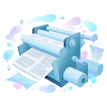 A large printing press is in action, with rolls of paper feeding into the machine. The press has multiple moving parts, including rollers and ink distribution systems, visibly applying vibrant ink onto the paper. Sheets of freshly printed newspapers are emerging from the press, stacked in neat piles. The environment is filled with the sounds of machinery, and there are scattered newspapers around the workspace. Bright, gradient pastel colors create a lively atmosphere in the scene.