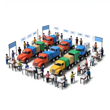 An outdoor truck auction taking place under a clear blue sky. Several bidders with diverse appearances are standing among rows of colorful trucks, raising their paddles enthusiastically. The trucks are in various colors, including red, blue, green, and yellow, with some featuring unique designs and large wheels. The auction area is set up with tables where auctioneers are positioned, and there are banners displaying the auction name. The atmosphere is lively as attendees discuss and point at the trucks while waiting for their chance to place bids.