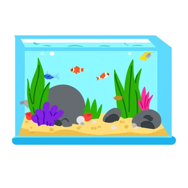 A vibrant aquarium setting filled with clear water, showcasing live "cyanobacteria" thriving in clusters. Various "colorful aquatic plants" with broad green leaves and bright red and purple accents sway gently in the water. Multiple "fish" swim throughout the scene, including a small orange clownfish, a blue tang, and a bright yellow guppy, all darting among the plants and rocks. The aquarium has a sandy bottom with small pebbles scattered throughout, adding texture to the environment. Soft, filtered light illuminates the whole scene, highlighting the vivid colors of the plants and fish.