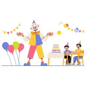 A clown juggling colorful balls at a children's birthday party