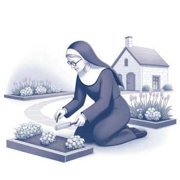 A nun dressed in a traditional habit is kneeling on the ground in a convent garden. She is carefully tending to a variety of flowers, using a small trowel to dig into the soil. Surrounding her are neatly arranged flowerbeds filled with blooms of different shapes and sizes. A stone path winds through the garden, leading to a quaint stone building in the background. The scene conveys a sense of tranquility and devotion, with the sun softly illuminating the flowers and the nun in a moment of nurturing.