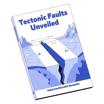 A cover illustration for a book about tectonic faults. In the foreground, a detailed depiction of a "reverse dip-slip fault" is prominently displayed, with two rock layers that have been pushed together, creating an upward displacement on one side. The fault line is clearly marked, showing the tension between the tectonic plates. Surrounding the fault, various geological features such as jagged rock formations and signs of seismic activity are evident. The background includes a textured landscape that highlights the dynamic nature of the Earth's crust. Title text, "Tectonic Faults Unveiled," is positioned at the top, and subtitle text, "Understanding Earth's Movements," is at the bottom, both in bold, clear font.