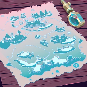 An old pirate treasure map is spread out on a weathered wooden table. The map features intricate sketches of various islands, each detailed with lush vegetation and distinctive shapes. Hidden paths snake across the map, marked with dotted lines leading to an "X" that signifies the treasure's location. Symbols like palm trees, mountains, and skulls are scattered throughout the map, adding to its adventurous allure. The edges of the map are frayed and stained, hinting at its long history and countless journeys. A compass and an old brass telescope are placed beside the map, emphasizing the nautical theme.