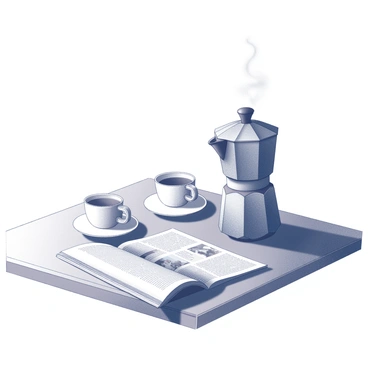 An outdoor café table set in a relaxed environment. On the table, there is a steaming moka pot positioned at the center, with wisps of steam rising from its spout. To the left of the moka pot, there are two white ceramic cups, both filled and ready for serving. Beside the cups, a folded newspaper lies open, displaying text and images, adding a sense of leisure to the scene. The table surface is wooden, and the surrounding area is adorned with soft sunlight, casting gentle shadows.