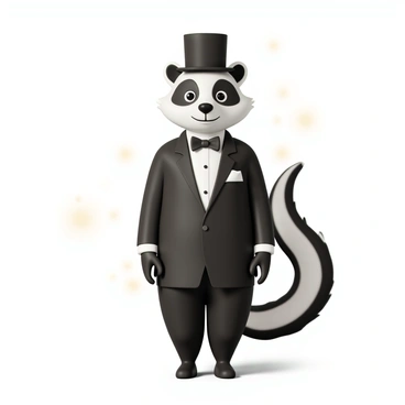 A skunk, dressed in a formal black tuxedo with a crisp white shirt, is standing upright. It wears a stylish black bow tie and a classic black top hat perched on its head. The skunk has its tail raised and fluffy, showcasing its distinctive black and white stripes. Its eyes are bright and alert, reflecting excitement as it prepares for a formal event. The background includes soft, elegant lighting that enhances the formal atmosphere.