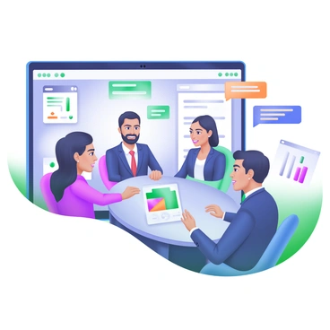 A virtual meeting room filled with digital avatars created via facial recognition technology. Each avatar is uniquely designed to resemble the individual participants. The avatars display a range of expressions and are positioned around a central round table. Various digital elements, such as chat bubbles and data graphs, float around them, indicating an active discussion. The background features a sleek, modern interface with a digital screen displaying meeting details and participant names. Each avatar wears professional attire appropriate for a business meeting.