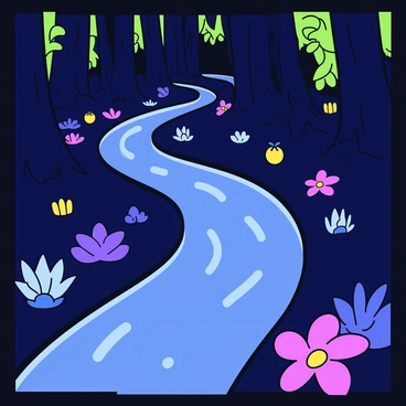 A river with glowing waters flowing through a dark, enchanted forest