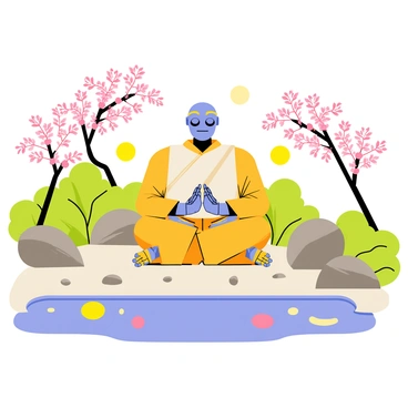 Zenyatta, a robot monk, is seated in a cross-legged position, meditating peacefully. He is situated in a Japanese garden with neatly arranged rocks and vibrant green foliage. Delicate cherry blossom trees with pink flowers provide a beautiful backdrop. Glowing orbs are floating around Zenyatta, emanating a soft light. The ground is covered with smooth pebbles, and there is a small pond reflecting the surroundings, enhancing the tranquil atmosphere of the garden.