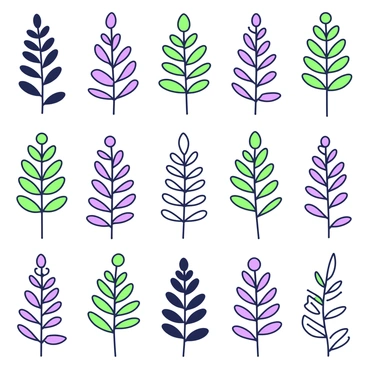 A series of fern motifs is arranged in a repeating pattern across a background. Each fern is depicted with intricate fronds, showcasing the detailed veins and curves of the leaves. The ferns are organized in a grid-like formation, creating a harmonious flow throughout the image. The background provides a subtle contrast, enhancing the visibility of the fern designs. The overall composition emphasizes the natural elegance of the fern motifs.