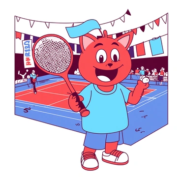 A red playful mascot dressed in bright blue badminton gear is standing on the sidelines, energetically cheering. The mascot has a wide smile and large, expressive eyes, holding a badminton racket in one hand while waving a small blue flag with the other. Around the mascot, there are colorful banners hanging, adding to the lively atmosphere of the event. The court in the background is filled with players in action, and the crowd can be seen enjoying the match.