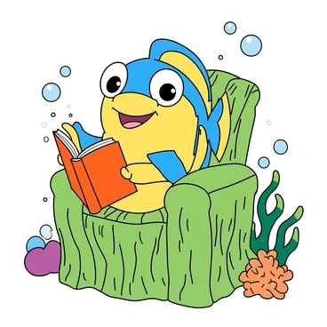 A colorful cartoon fish with vibrant scales in shades of blue and yellow is sitting on a chair made of green seaweed. The fish has large, expressive eyes and a wide smile, making it look joyful. It is holding a small book with a bright cover in its fins, intently reading. Surrounding the fish, there are bubbles rising in the water, and a few colorful corals can be seen in the background. The seaweed chair is detailed, with strands flowing gently, giving a sense of an underwater environment.