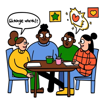 A group of four young activists are sitting around a small wooden table in a cozy café. The café has warm lighting and colorful artwork on the walls. The activists include a light-skinned woman with big eyes and curly hair, wearing a yellow sweater, a dark-skinned man with big eyes and short hair, wearing a blue hoodie, a person of Asian descent with big eyes and glasses, wearing a green t-shirt, and a light-skinned woman with big eyes and straight hair, wearing a red flannel shirt. They are leaning in, engaged in animated discussion, surrounded by notebooks, pens, and coffee cups. The atmosphere feels lively and focused as they share ideas about social change.