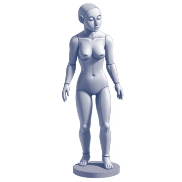 A wooden sculpture of a human figure with carved details and rich grain