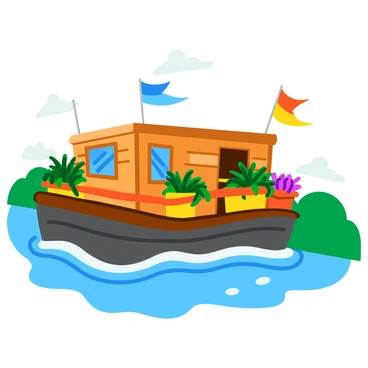 A cozy houseboat with wooden siding and a small porch at the front. The boat is adorned with several potted plants in vibrant colors, including green ferns and blooming flowers, which decorate the railing. Colorful flags of various designs flutter in the gentle breeze above the houseboat. The scene features a peaceful canal with gentle ripples in the water reflecting the bright colors of the boat and flags. Lush greenery lines the banks of the canal, adding to the charm of the setting.