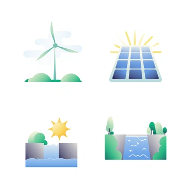 A collection of icons representing various clean energy sources is displayed. The first icon features a tall wind turbine with three blades turning, set against a light blue background. Next to it is a solar panel icon, depicting a grid of blue cells capturing sunlight, with rays emanating from the sun above. Finally, there is a hydro power icon showing a dam with water flowing through it, accompanied by a blue river and a few green trees at the banks. Each icon is distinct, with vibrant colors, clearly illustrating the renewable energy concept.