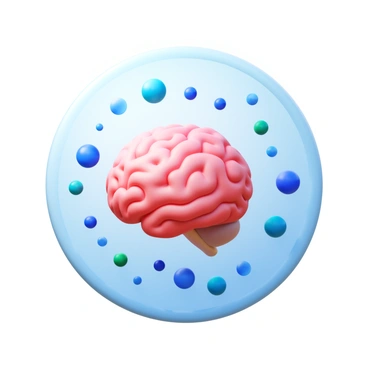 A 3D icon of a nucleolus designed to resemble a brain. The nucleolus is round and textured, with creases and folds mimicking the surface of a brain. It is colored in shades of light pink and white. Surrounding the nucleolus are scattered ribosomes represented as small spheres in varying shades of blue and green. The entire scene is set within a stylized depiction of a cell, with a soft gradient background to suggest cellular fluid. The words "brain of the cell" are incorporated into the design in bold, clear font.