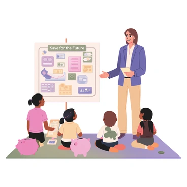 A financial advisor standing in front of a group of children, engaging them in a lesson about savings. The advisor is a middle-aged person with short brown hair, wearing a blue blazer and khaki pants. The children, a diverse group of three boys and two girls, are sitting on a colorful mat. Each child has a bright, colorful piggy bank in front of them, in various shapes and sizes, including a pink pig, a yellow elephant, and a green dinosaur. The advisor is holding a large, illustrated chart titled "Save for the Future" that showcases different savings goals. Surrounding them are playful games related to saving money, like a board game and a card game, with images of coins and dollar bills, adding a fun element to the lesson.