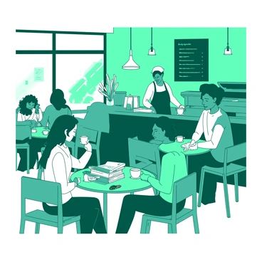 A teal café interior filled with people sitting at tables, enjoying their time. Several patrons are sipping from white coffee cups, while others are absorbed in reading books. Bright light streams in through large windows, creating a warm atmosphere. On one table, a stack of colorful books can be seen next to a half-eaten pastry. A barista is seen behind the counter, preparing drinks, while a chalkboard menu is displayed on the wall.