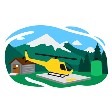 A bright yellow helicopter is in the process of landing at a remote mountain fuel stop. The helicopter is positioned with its skids hovering just above a small platform marked with a fuel symbol. Surrounding the platform are rugged mountains with jagged peaks, partially covered in green trees and patches of snow. A nearby fuel tank is visible, painted in a vivid green color, sitting next to a weathered wooden shack. The sky is a clear blue, and a few fluffy white clouds drift in the background.